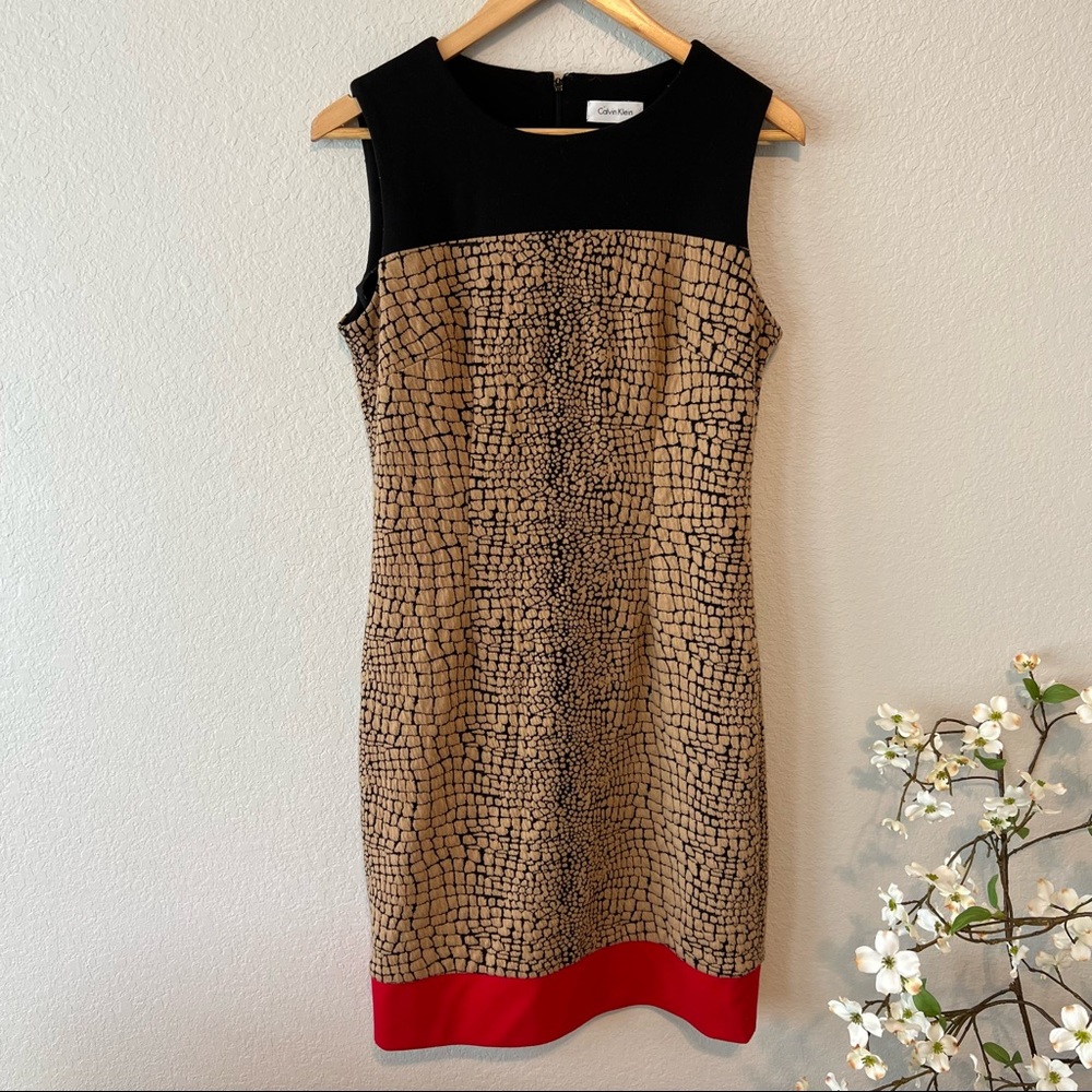 Calvin Klein Red Black Tan Croc Sheath Dress 8